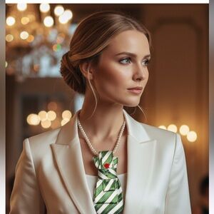 “Dainty Dapper”Green and White Striped Tie Necklace with dainty rose  brooch